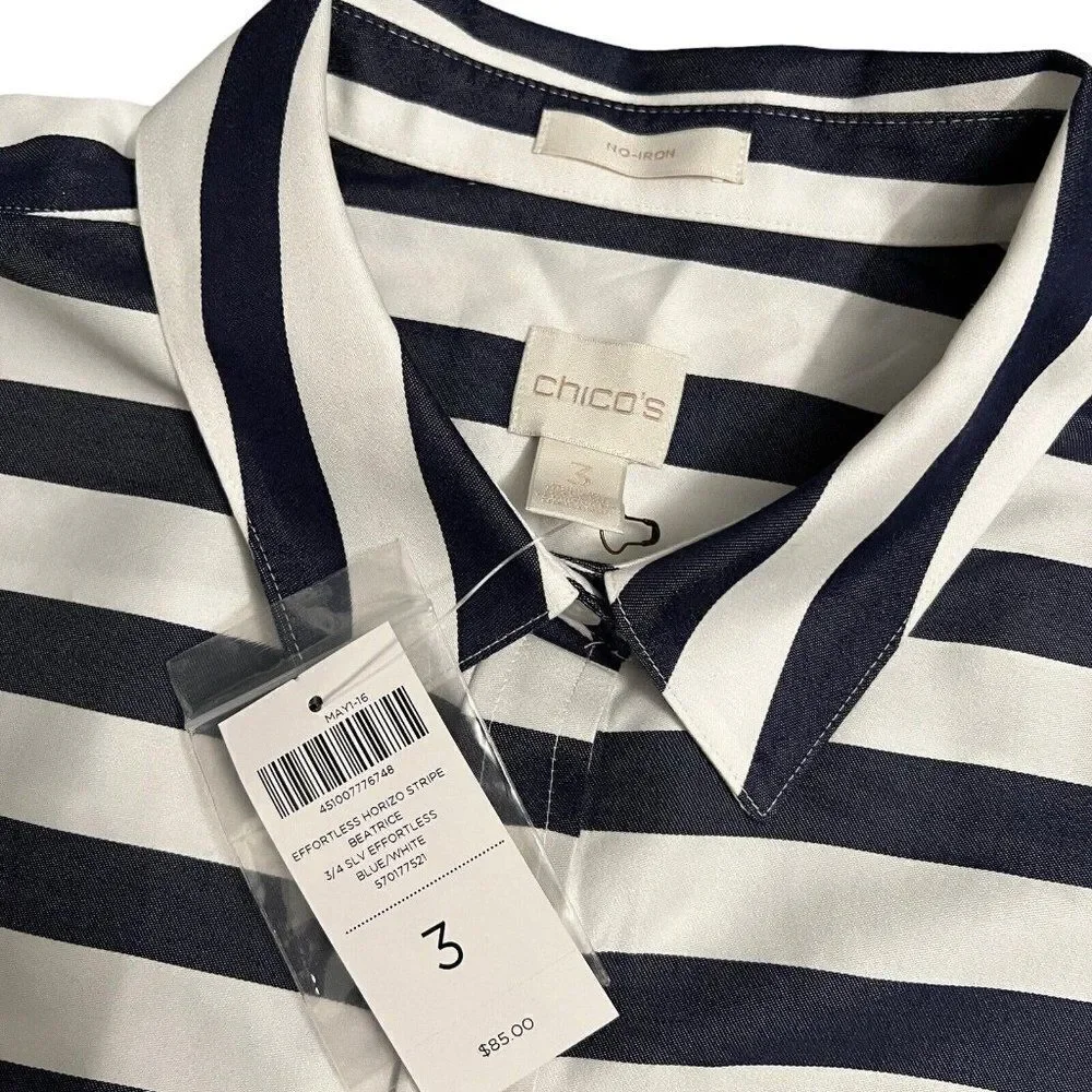 Chico’s Shirt WMNS XL Blue Horizontal-Stripe Beatrice Button Up Coastal Nautical